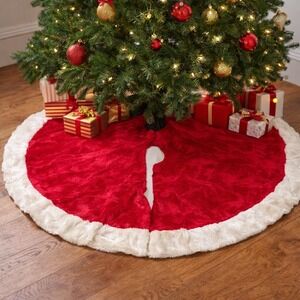 Vintage Red White Plush Faux Fur Christmas Tree Skirt 44" Soft Holiday Decor